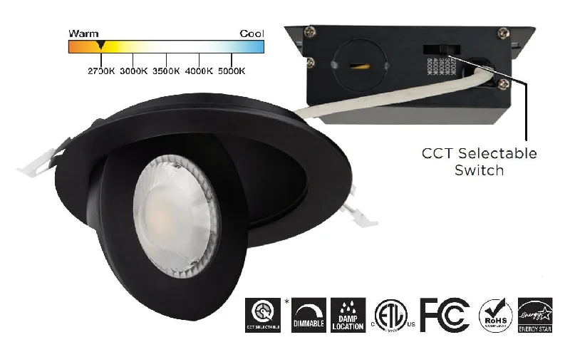 Maintenance  Free Recessed Lights for Hassle - Free Lighting6 Inch 360° Rotating CCT LED Gimbal Light Black with Junction Box, 360°+90° Adjustable Directional Eyeball Light and Dimmable