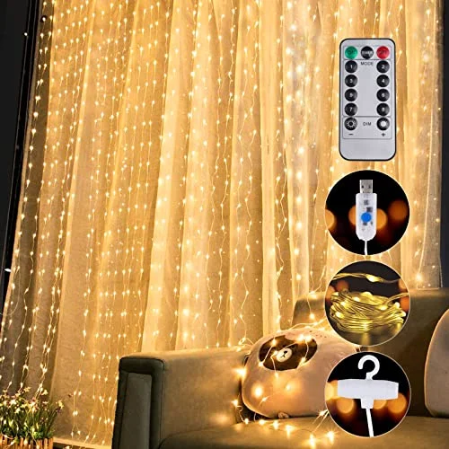 String Lights with a Battery - Operated Option for Portable and Wireless Useaddlon 2 Pack Curtain Lights, Warm White Fairy String Lights with 8 Lighting Models Remote Control, USB Plug, 200 LED for Backdrop, Bedroom, Wedding, Party, Christmas