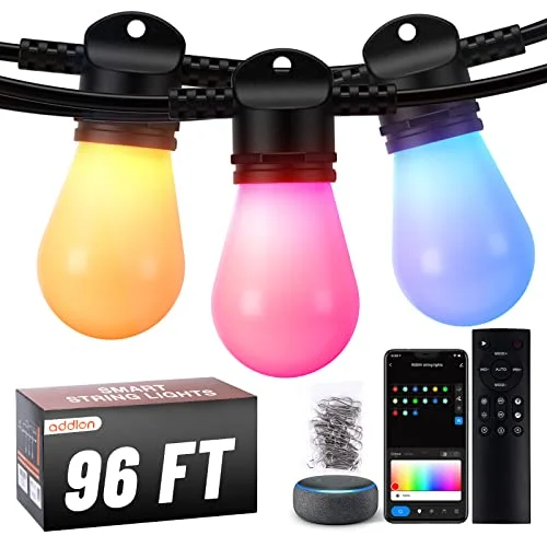 String Lights with a Battery - Operated Option for Portable and Wireless Useaddlon 96FT Color Changing Smart Outdoor String Lights with Remote & APP Control, Customize Color Patio Lights