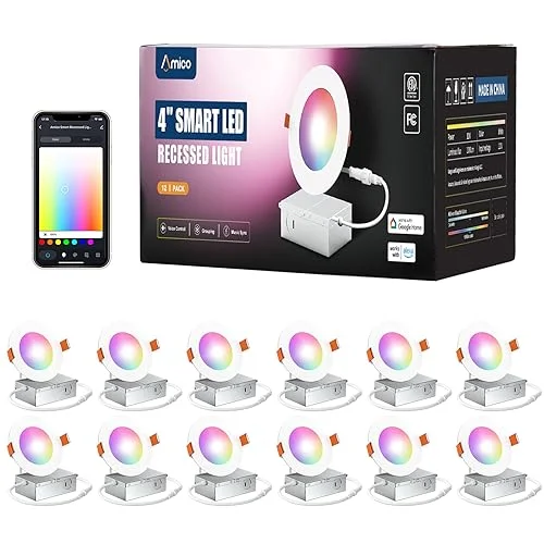 Recessed Lights for Bedroom Reading Nooks12 Pack 4/6 Inch White Smart Wifi Slim Recessed Led Light, RGB, 2700-6500K Color Changing