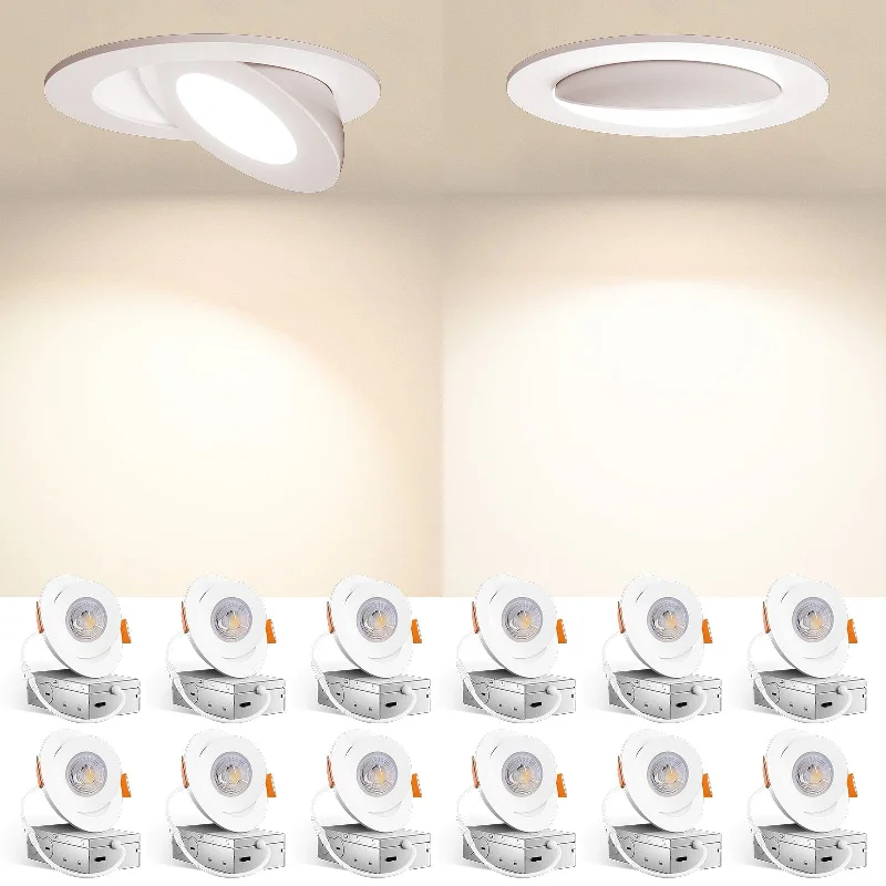 Recessed Lights for Kitchen Countertop Illumination12 Pack 4-Inch White Dimmable Recessed Eyeballl Downlight, 5CCT 2700K/3000K/3500K/4000K/5000K, 9W, 700LM