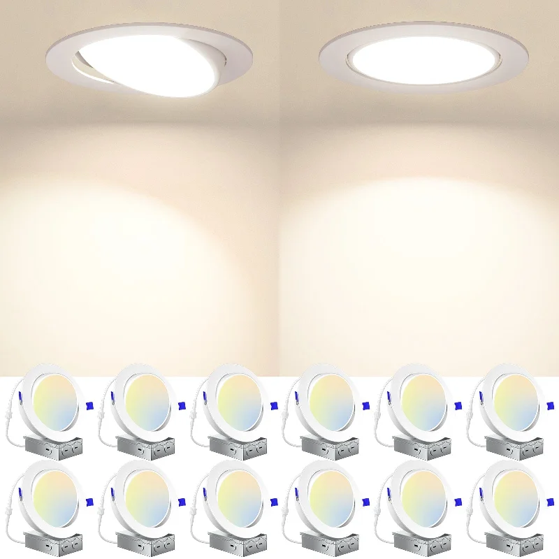 Art  Deco Recessed Lights for a Retro Aesthetic12 Pack Adjustable 6-Inch White Dimmable LED Gimbal Recessed DownLight with Junction Box, 5CCT, 2700K/3000K/3500K/4000K/5000K, 15W, 700LM