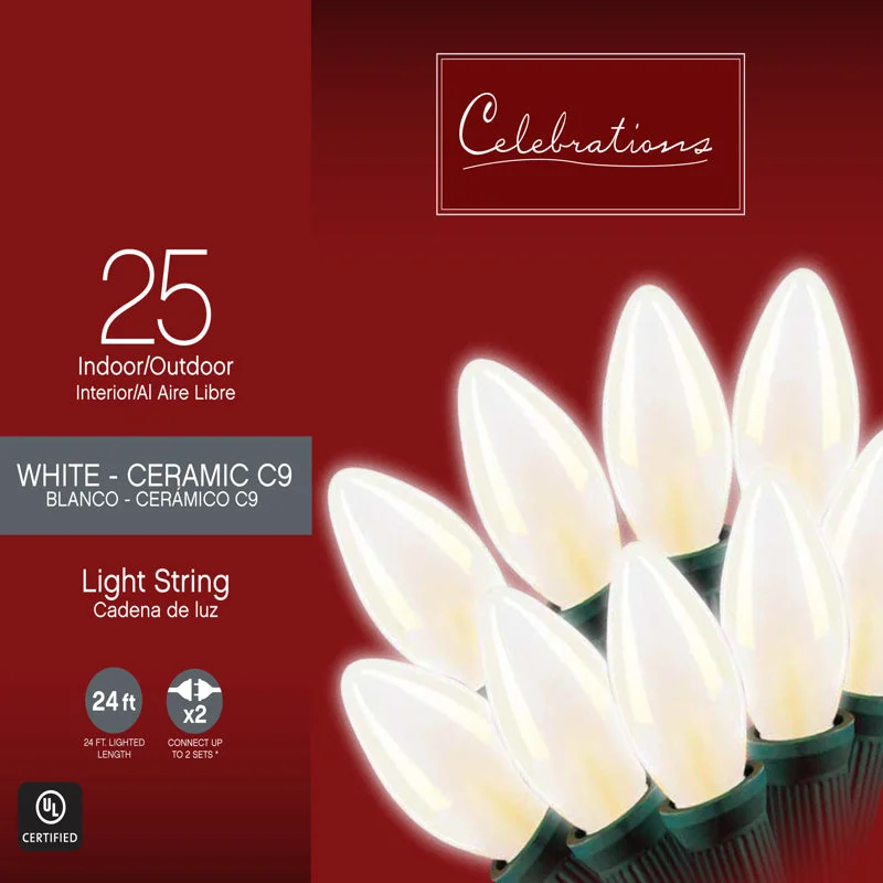 String Lights with a Battery - Operated Option for Portable and Wireless UseCelebrations Incandescent C9 White 25 ct String Christmas Lights 25 ft.