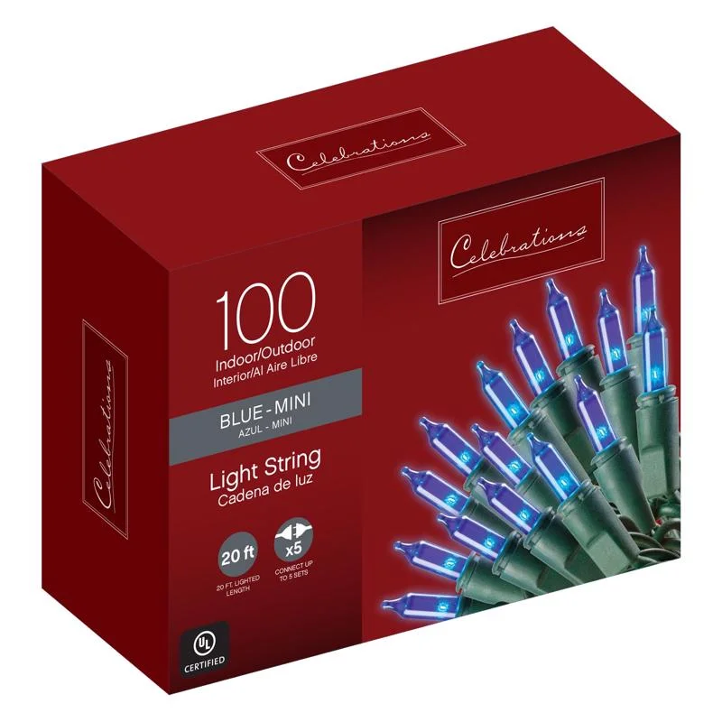 String Lights with a Battery - Operated Option for Portable and Wireless UseCelebrations Red Incandescent Mini Blue 100 ct String Christmas Lights 20 ft.