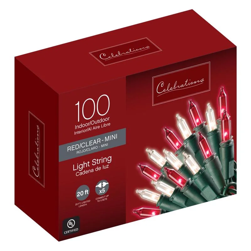 String Lights with a Warm White Glow for a Cozy and Inviting AmbianceCelebrations Red Incandescent Mini Multicolored 100 ct String Christmas Lights 20 ft.