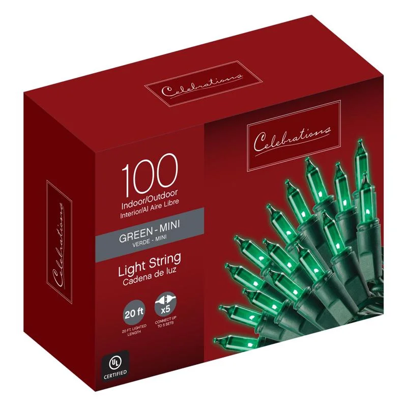 LED String Lights for Energy - Saving and a Long - Lasting IlluminationCelebrations Red Incandescent Mini Green 100 ct String Christmas Lights 20 ft.