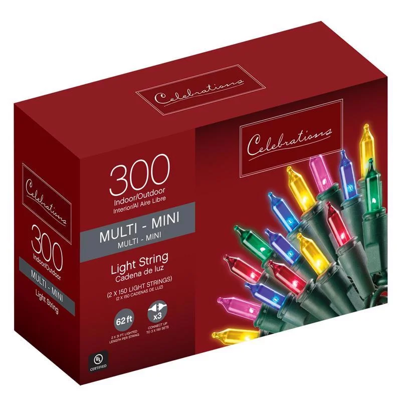 String Lights with a Warm White Glow for a Cozy and Inviting AmbianceCelebrations Mini Incandescent Light Set Multicolored 62 ft. 300 lights Green