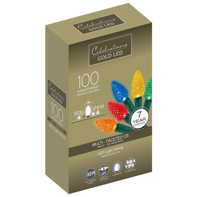 String Lights with a Dimmable Feature for Customizable Lighting IntensityCelebrations Gold LED C6 Multicolored 100 ct String Christmas Lights 33 ft.