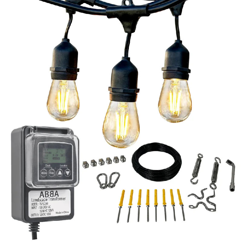 String Lights with a Dimmable Feature for Customizable Lighting IntensitySL101 LED Low Voltage Bistro String Lights 48 FT Outdoor Weatherproof 12V Edison Bulbs with 100W DC Transformer and 55ft Hanging Kit Package Deal