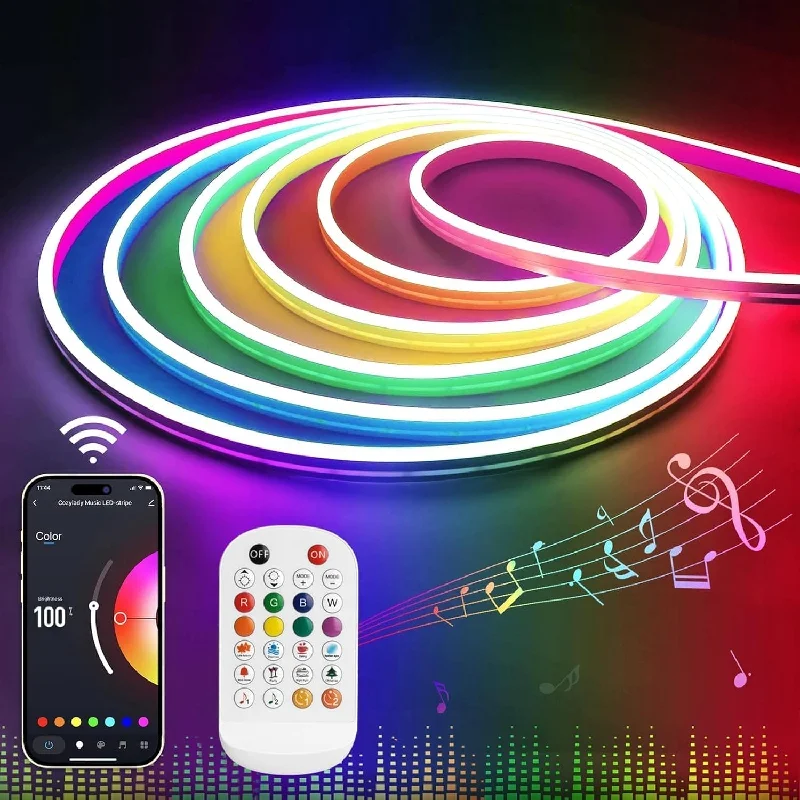 Color - Changing String Lights for a Festive and Dynamic Lighting AtmosphereSLNR01 Dotless COB Smart Bluetooth RGB Neon LED Strip Light DC12V 36W IP65 Outdoor Rated Dimmable Low Voltage Silicone Rope Light with Mounting Clips and Screws