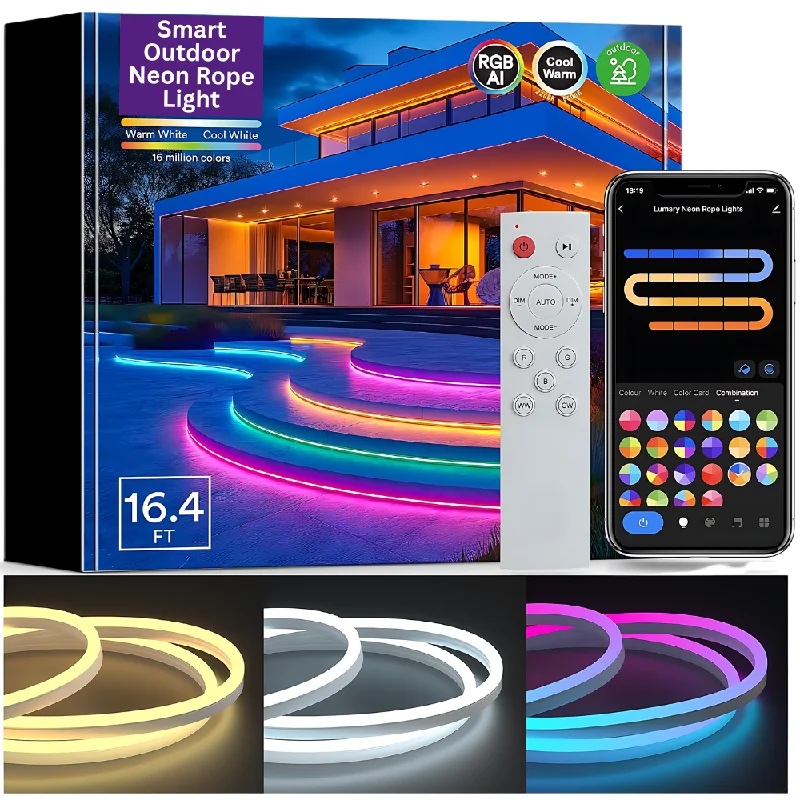 LED String Lights for Energy - Saving and a Long - Lasting IlluminationSLNR06 Dotless COB Smart Wi-Fi RGBAICW Neon LED Strip Light DC24V IP65 Outdoor Rated Dimmable Low Voltage Silicone Strip Light with Mounting Clips, Screws, Power Adapter and Remote Control