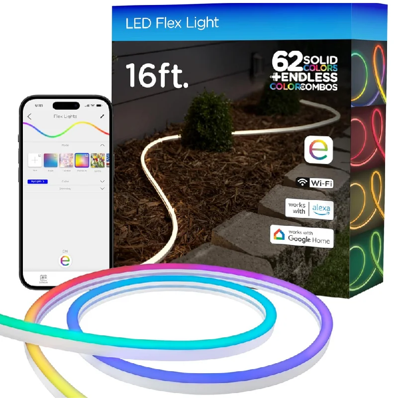 String Lights with a Timer Function for Automatic On/OffSLNR07 Dotless COB Smart Wi-Fi RGB Neon LED Strip Light 120V IP67 Outdoor Rated Dimmable High Voltage Silicone Strip Light with Mounting Clips, Screws, Power Adapter and Remote Control