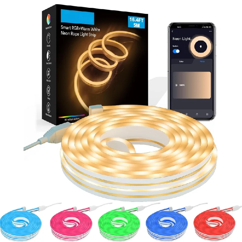 String Lights with a Battery - Operated Option for Portable and Wireless UseSLNR09 Dotless COB Smart Wi-Fi Bluetooth RGBW 16.4ft Neon LED Strip Light DC12V IP20 Indoor Rated Dimmable Low Voltage Silicone Strip Light with Mounting Clips, Screws, Power Adapter and Voice Control